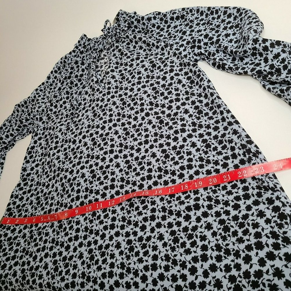 NWT H&M Floral Shift Dress Ruffle Collar Sz 4 Pockets Keyhole Tie Neck Navy Blue - Picture 8 of 12